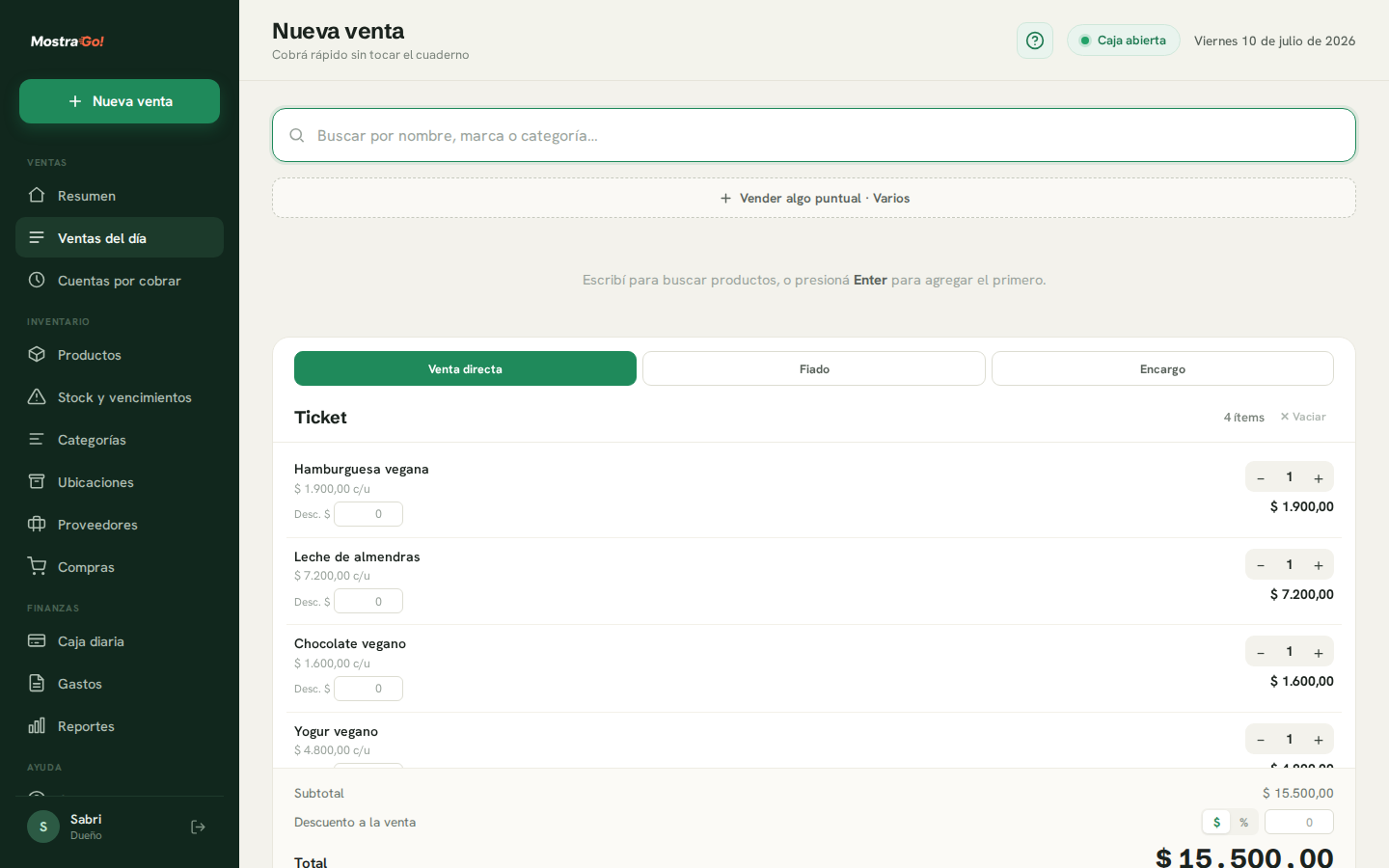 Pantalla de nueva venta de mostrador en MostraGo